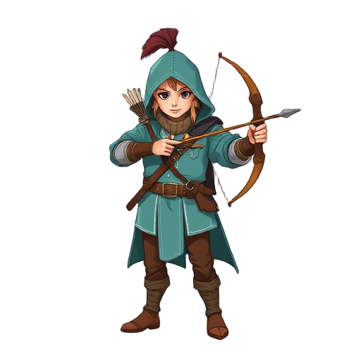 cazador con arco y flechas de época medieval. su ropa es de color celeste y marrón.