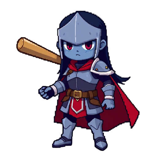 blueish knight, deltarune style character, baseball bat as weapon, shoulder red cape, no helmet, long black hair, pixel
