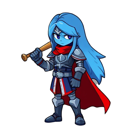 blueish knight, deltarune style character, baseball bat as weapon, shoulder red cape, no helmet, long hair