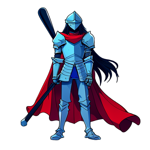 blueish knight, deltarune style character, baseball bat as weapon, shoulder red cape, no helmet, long black hair 