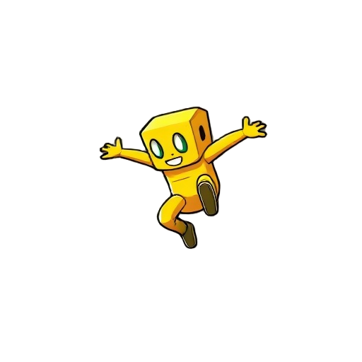 genera una hoja de sprites de un personaje cubo amarillo dorado con ojos y boca celestes brillantes dando un salto en un backflip. la animación debe durar 10 frames