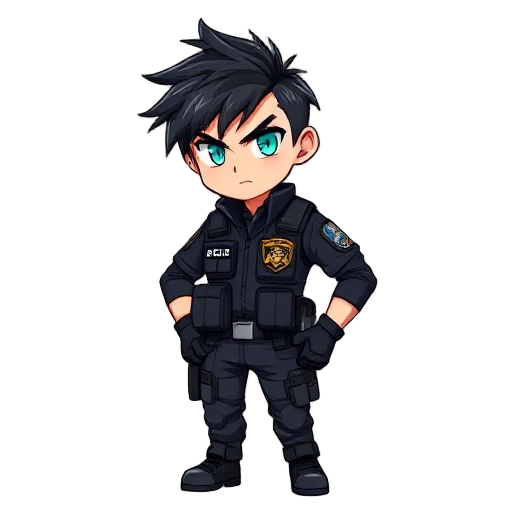 chibi anime-style male police officer with messy black hair, teal eyes, tactical vest, gloves, and uniform with badge and patches, serious expression, standing pose, clean white background.