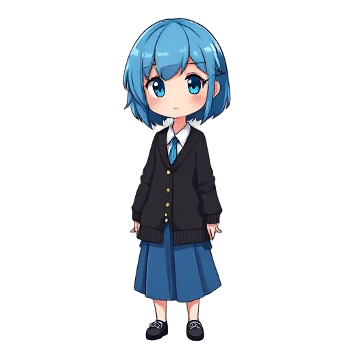 a blue hair girl with a black cardigan and white shirt.  a blue skirt. 