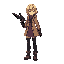 girl with blonde short hair using overcoat beige and a purple dress with futuristic details boots and futuristic gun pintol