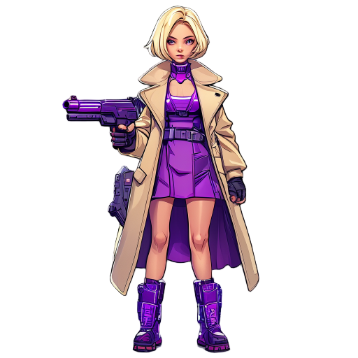 girl with blonde short hair using overcoat beige and a purple dress with futuristic details boots and futuristic gun pintol