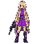 girl with blonde short hair using overcoat beige and a purple dress with futuristic details boots and futuristic gun pintol