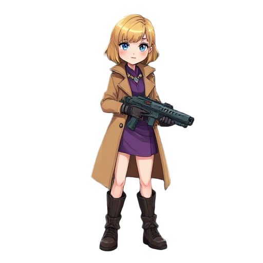 girl with blonde short hair using overcoat beige and a purple dress with futuristic details boots and futuristic gun pintol