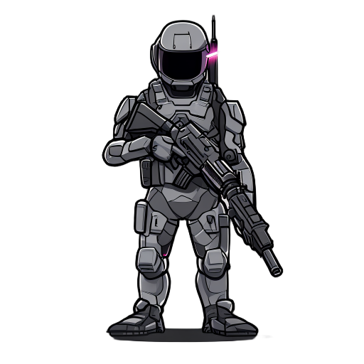 cyber soldier stands with laser pistol in hands