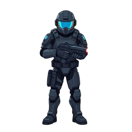 a cyber soldier stands with a laser pistol in his hands