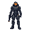 cyber soldier stands with laser pistol in hands