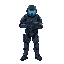 a cyber soldier stands with a laser pistol in his hands