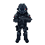cyber soldier stands with laser pistol in hands, top view