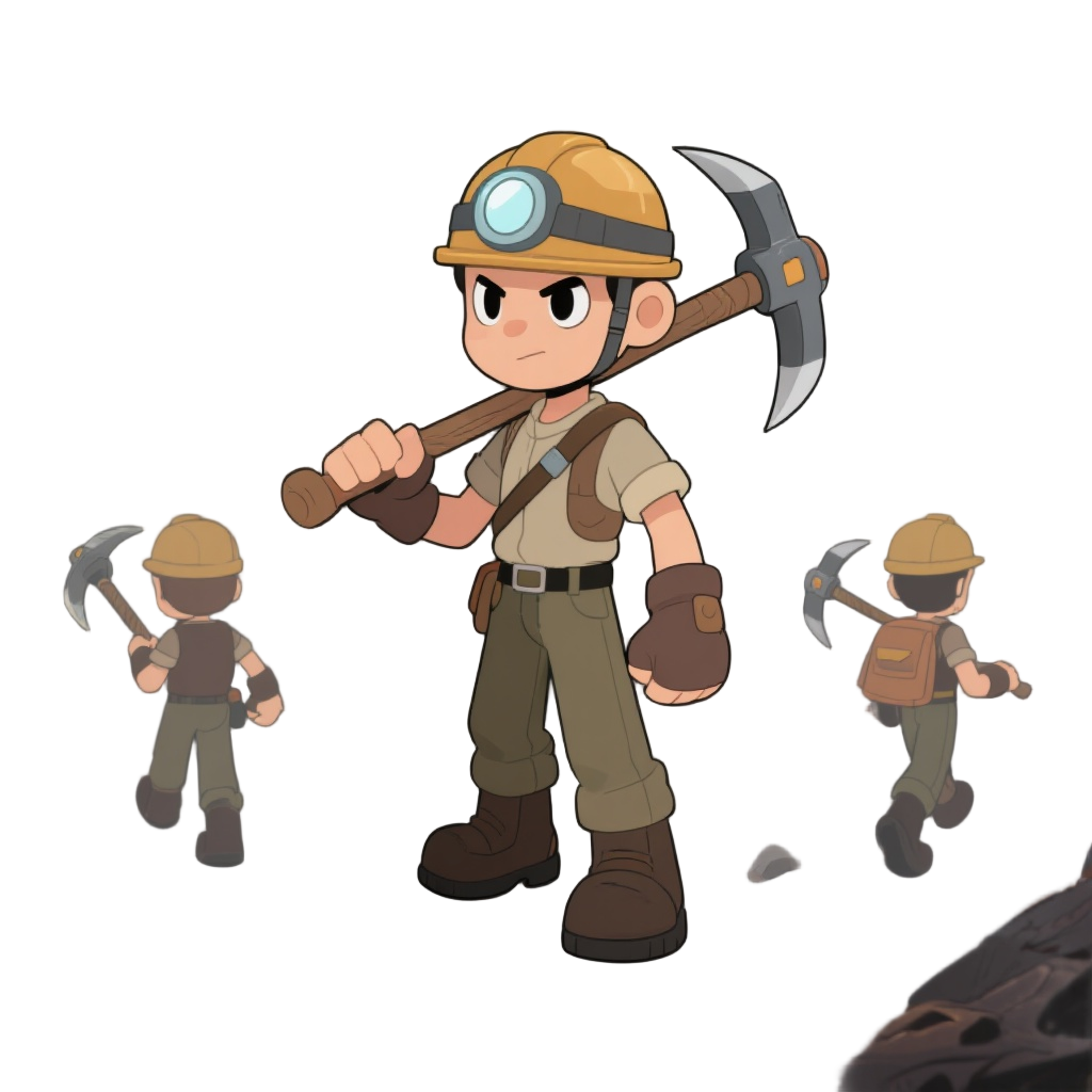 top-down a cave explorer. wears practical clothes, boots, light helmet. holds pickaxe, estilingue on back. determined expression. include front, side, back views, simple walk, attack, pickaxe, carry animations.