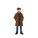 man in brown long coat, blue jeans with red hair