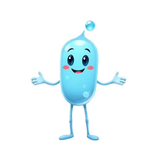 an oxygen with arms and legs and face. a light blue bubble.