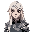 face portrait of adult androgynous valkyrie with long white hair (with some dark stripes) in a neutral expression and wearing medieval armor.