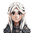 face portrait of adult androgynous valkyrie with long white hair (with some dark stripes) in a neutral expression and wearing medieval armor.