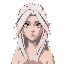 face portrait of androgynous valkyrie with long white hair (with some dark stripes) in a neutral expression.