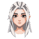 face portrait of androgynous valkyrie with long white hair (with some dark stripes) in a neutral expression.