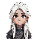 face portrait of androgynous valkyrie with long white hair (with some dark stripes) in a neutral expression and wearing medieval armor.
