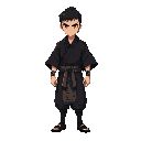 samurai cuerpo completo con kimono negro, con pelo corto y una cicatriz en el ojo