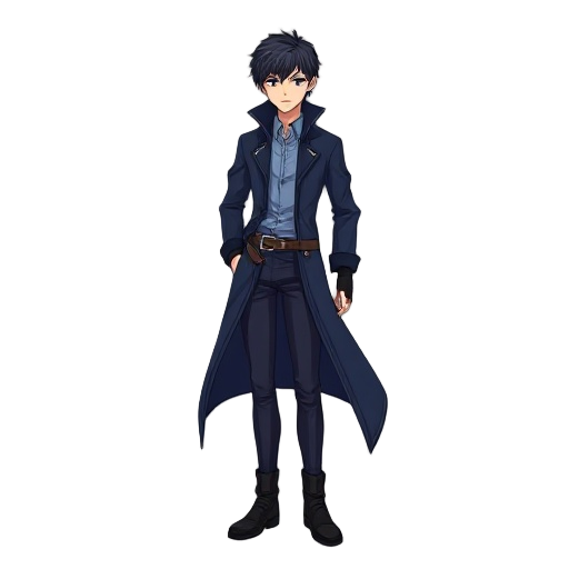 a young male anime swordsman wearing a long dark blue coat with subtle fabric details and no metallic trims, inspired by kirito from sword art online. the coat has a high collar and a flowing tail that reaches the knees. beneath it, he wears a light blue 