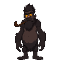 a tall, dark-skinned forest giant with glowing eyes, smoking a large cigar, relaxed and mischievous.
