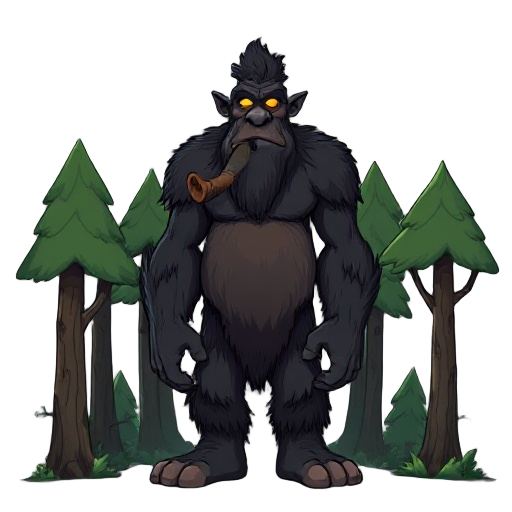 a tall, dark-skinned forest giant with glowing eyes, smoking a large cigar, relaxed and mischievous, surrounded by trees.