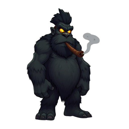 a tall, dark-skinned forest giant with glowing eyes, smoking a large cigar, relaxed and mischievous.