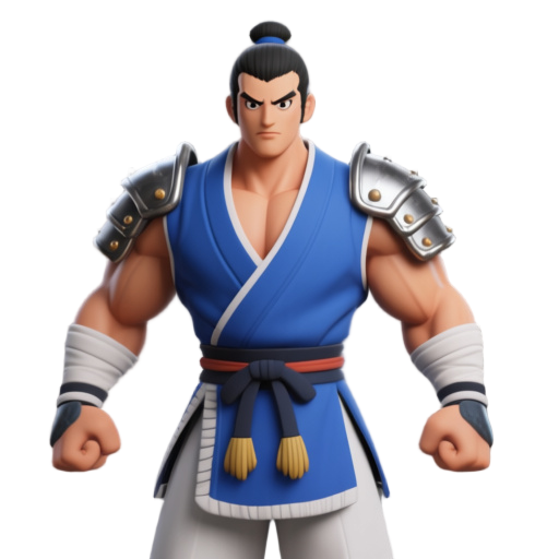 takeda, a muscular japanese martial artist in a blue and white traditional uniform with metal shoulder pads.
