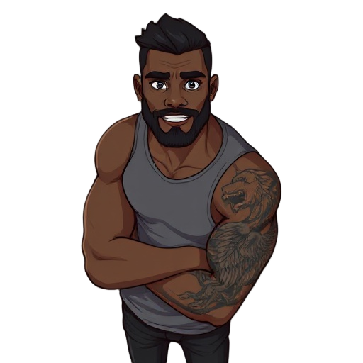 @--image generate an image of a black man aged 40-45, 171cm tall, muscular build, with a thin beard, and a tattoo on his right arm featuring an angel and a wolf --aspect 16:9