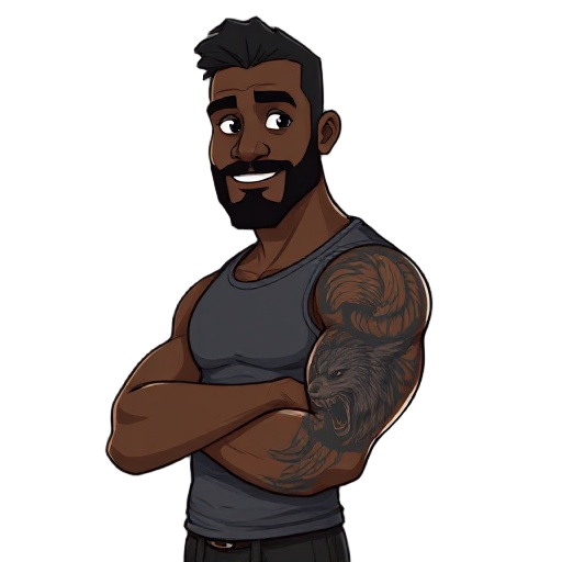 @--image generate an image of a black man aged 40-45, 171cm tall, muscular build, with a thin beard, and a tattoo on his right arm featuring an angel and a wolf --aspect 16:9