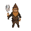 pixeated, man with beard and triangle hat,holding a big fork, poor clothing, angry