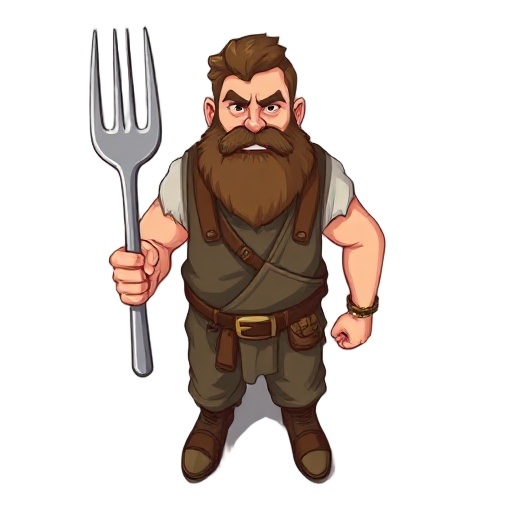 man with beard holding a big fork, poor clothing, angry