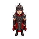 a medieval soldier in ancient rome style, wearing an armor made of dark metal with the symbol of a dark sun with rays engraved on it. red cape, gold adornments. helmet, eyes, detailed fac