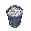 small dented metal trash can, overflowing with crumpled papers and dark stains, rust spots along rim, placed in a dim abandoned hospital corner, eerie horror atmosphere