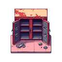 metal hospital supply cabinet in abandoned ward, doors half-open revealing empty shelves, rust and peeling paint, scattered debris on the floor, horror atmosphere