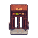 small industrial service elevator in abandoned hospital, rusted accordion-style metal gate, faint purple glow seeping through gaps, scratched walls, dust and grime, horror atmosphere
