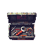 small open metal toolbox with scattered tools inside, rust and chipped paint, sitting on dusty hospital floor, eerie abandoned atmosphere