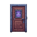 closed hospital door in abandoned ward, chipped paint, small rectangular viewing window with faint purple tint, rusted metal handle, scratches and grime, eerie horror atmosphere