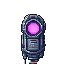 small cylindrical device with glowing purple center, cables protruding from sides, scratched casing