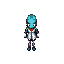 tall animatronic nurse with teal animal head, one ear up, sharp grin, blank side screen, white uniform with red cross, exposed midsection, long thin metal limbs, and clawed hands.
