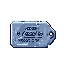 small metal tag with abstract corporate logo and serial number, scratched and worn