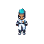 tall, thin humanoid animatronic nurse with teal animal head, one ear upright, sharp grin, and a blank screen on the side of the face. wears white nurse uniform with red cross badge, exposed mechanical spine, long thin metal limbs, clawed hands, and digiti