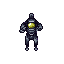 a mechanical scorpion animatronic with a humanoid torso, metallic black segmented body, large claws for hands, multiple jointed legs, and a curved stinger tail. head is a small crt monitor with a blank dark screen