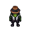 a muscular anthropomorphic crocodile animatronic, dark green scaly skin, wearing a brown fedora, black necktie, and gray vest, with mechanical joints on arms and legs, standing menacingly