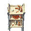 small metal hospital medicine trolley, two shelves with tipped bottles and scattered pills, rusted frame, peeling paint, dust and grime, eerie abandoned atmosphere