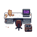 large hospital reception desk in abandoned lobby, dusty paperwork scattered on top, overturned chair nearby, old computer monitor with cracked screen, rust and grime, horror atmosphere