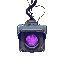 wall-mounted security camera hanging by wires, cracked lens emitting faint purple glow, rust and dust covering the casing