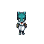 tall, thin humanoid animatronic nurse with teal animal head, one ear upright, sharp grin, and a blank screen on the side of the face. wears white nurse uniform with red cross badge, exposed mechanical spine, long thin metal limbs, clawed hands, and digiti